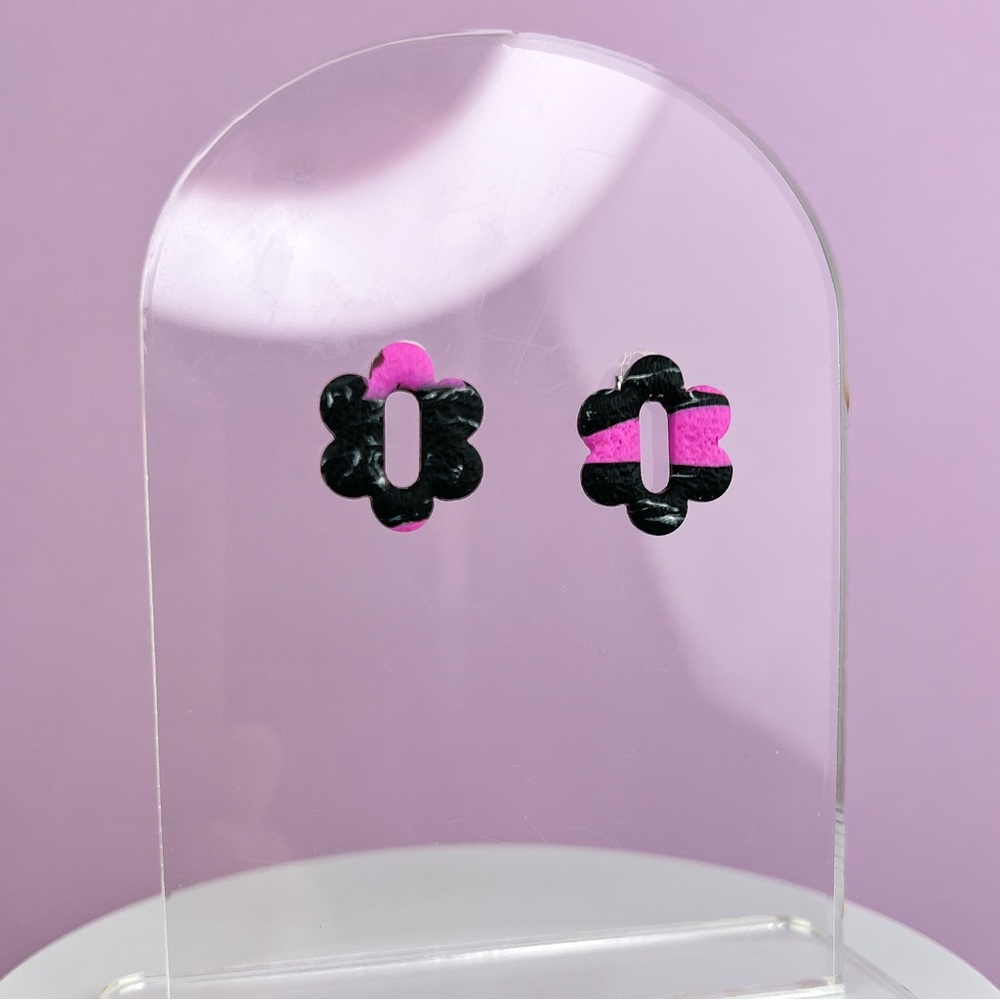 Pink with Black Marble Design Handmade Polymer Clay Floral Stud Earrings
